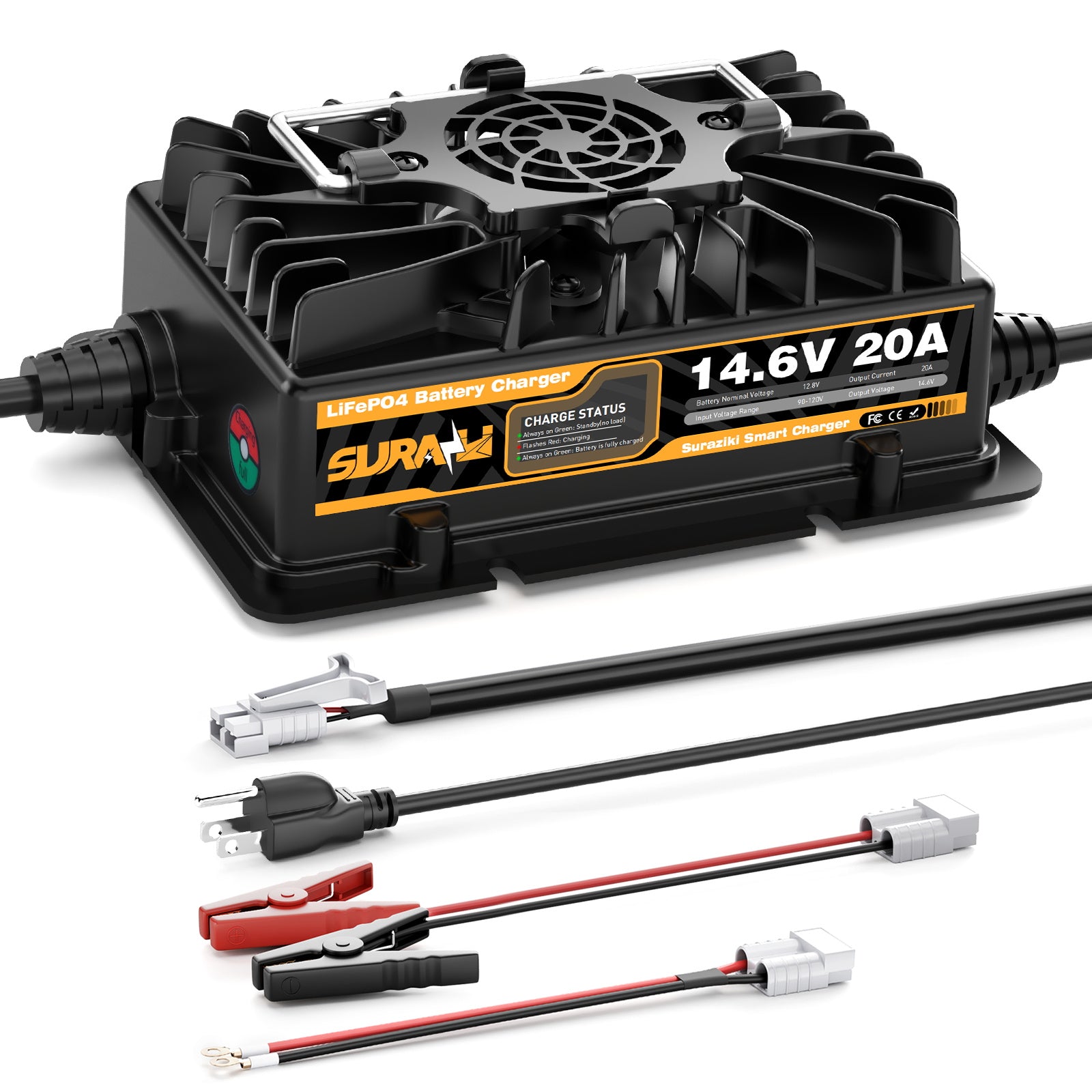 Suraziki 12V 20A Lithium LiFePO4 Battery Charger, 14.6V LiFePO4 Battery Charger, Waterproof, Anderson Quick Connector , 0V BMS Activate Maintenance Charger for Boat RVs