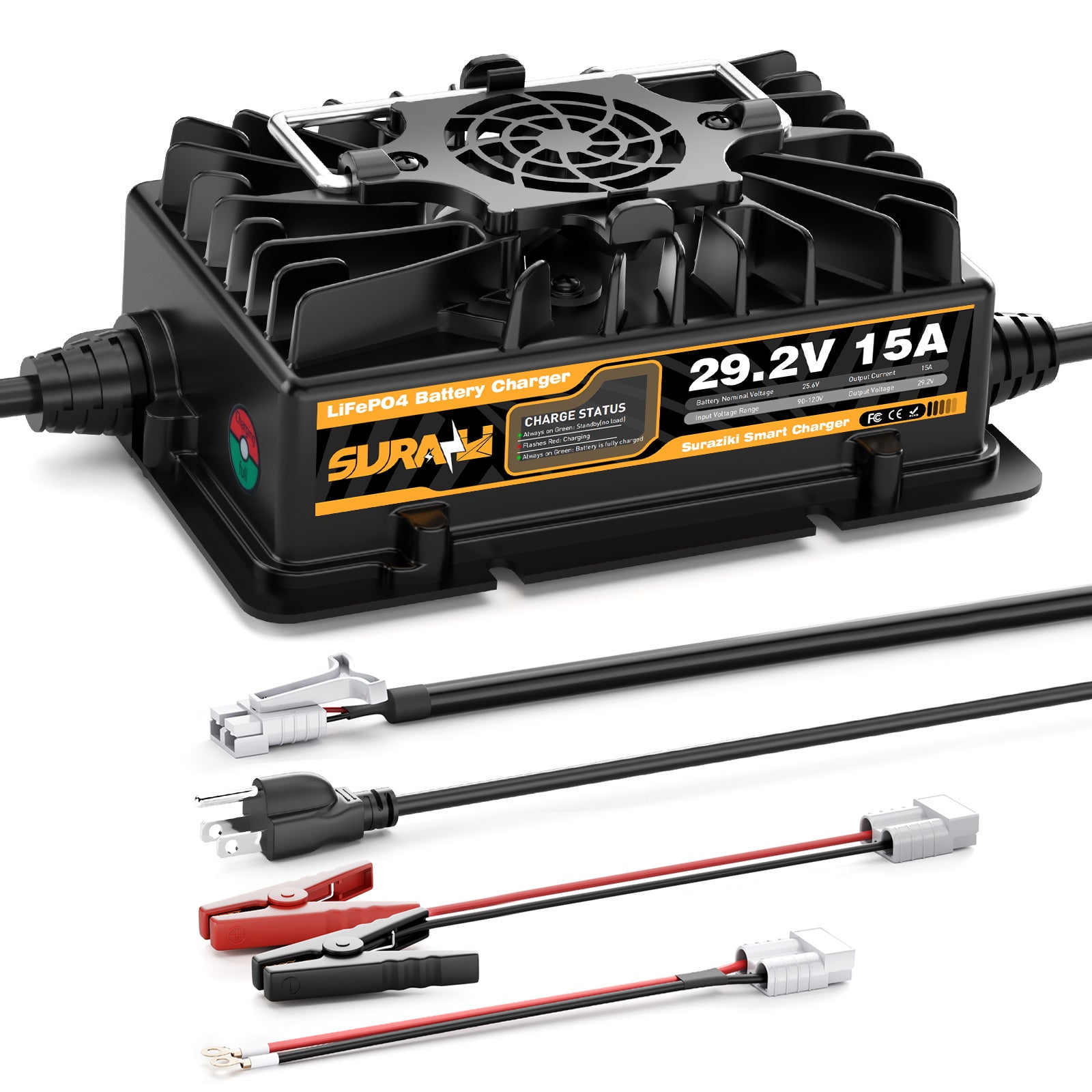 Suraziki 29.2V 15A LiFePO4 Battery Charger for 24 Volt LiFePO4 Battery, IP65 Waterproof , 5 Built-in Safety Protections, Activate 0V BMS or Long-unused Battery, 2 Quick Charger Adapters