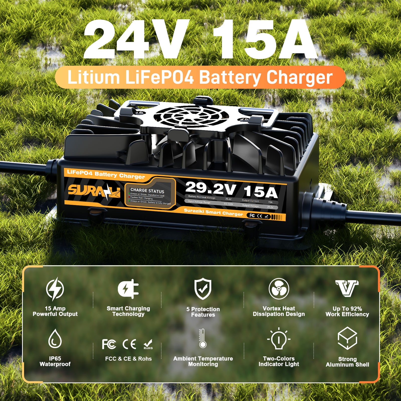 Suraziki 29.2V 15A LiFePO4 Battery Charger for 24 Volt LiFePO4 Battery, IP65 Waterproof , 5 Built-in Safety Protections, Activate 0V BMS or Long-unused Battery, 2 Quick Charger Adapters