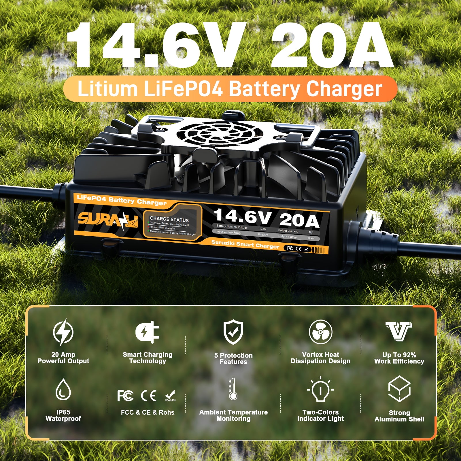 Suraziki 12V 20A Lithium LiFePO4 Battery Charger, 14.6V LiFePO4 Battery Charger, Waterproof, Anderson Quick Connector , 0V BMS Activate Maintenance Charger for Boat RVs