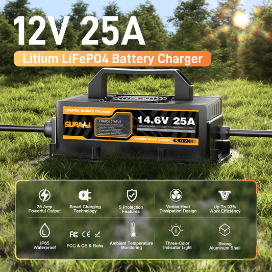 Suraziki 12V 25A LiFePO4 Lithium Battery Charger, 14.6V Waterproof Charger with 0V Activate Function