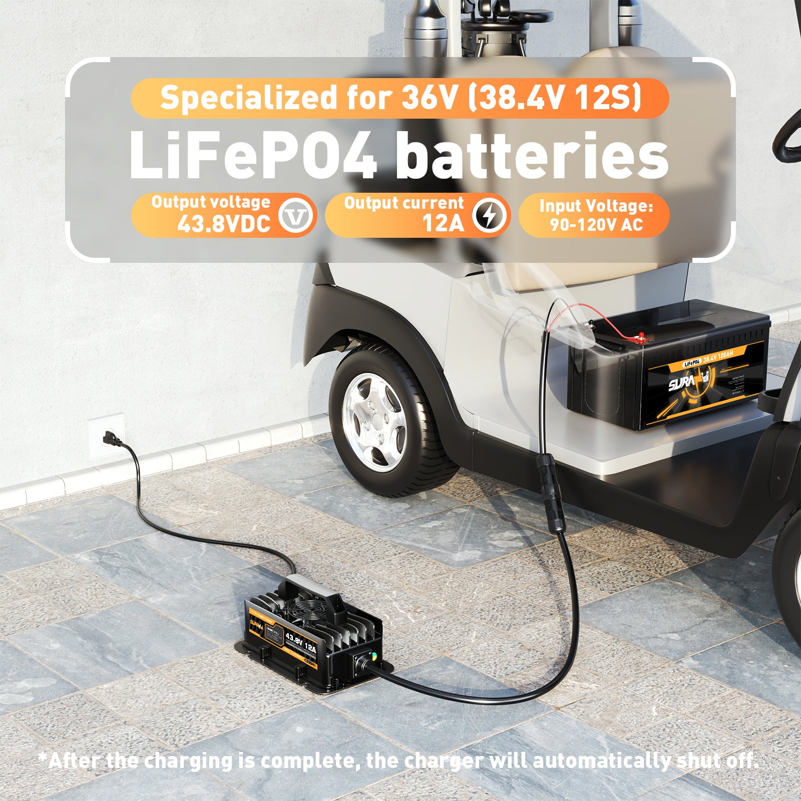 Suraziki 43.8Volt 12AMP Lithium LiFePO4 Onboard Battery Charger For 36V(38.4V) Golf cart, RVs, Boat and Home