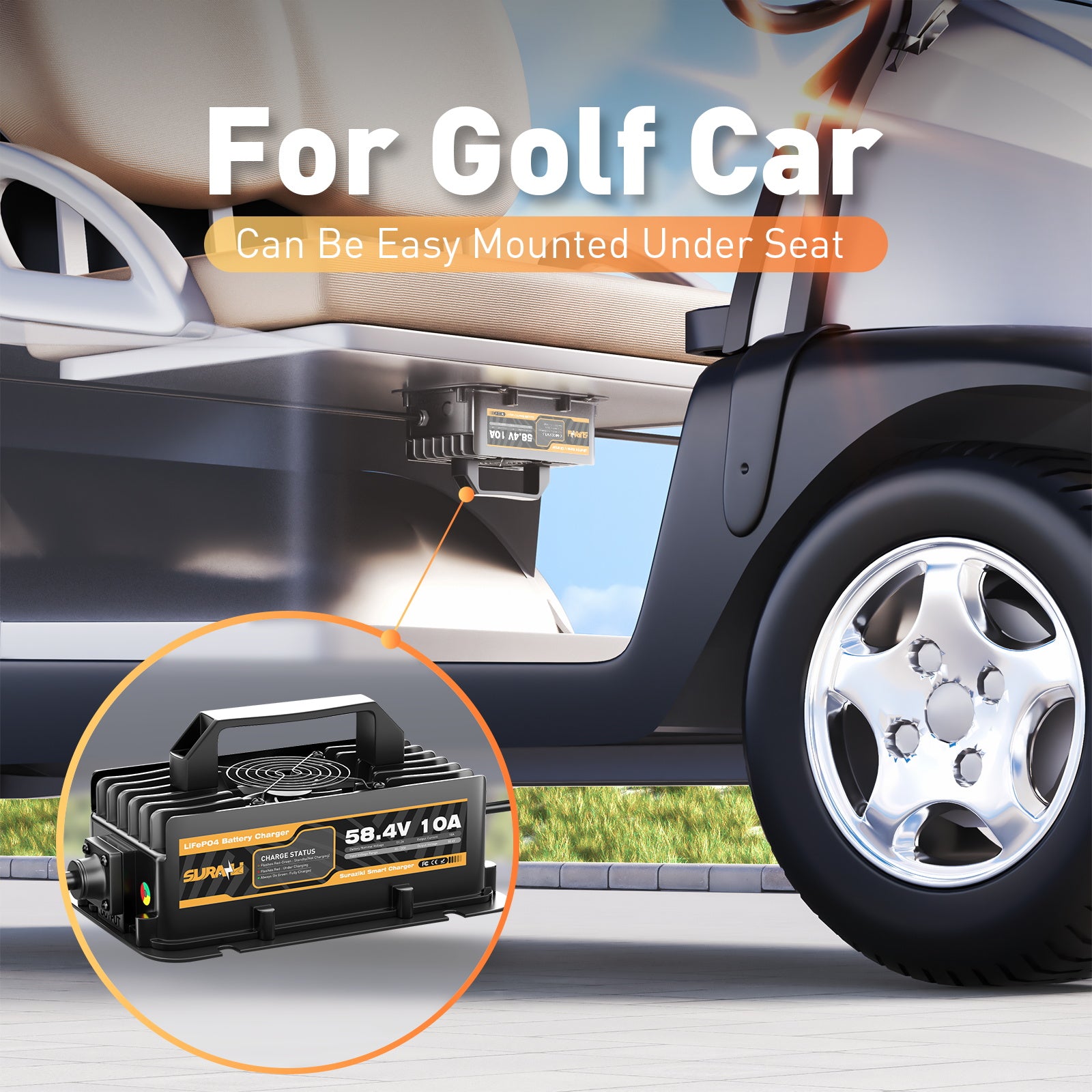 Suraziki 58,4 Volt 10 Ampere Lithium LiFePO4 Onboard-Batterieladegerät für 48 V (51,2 V) Golfwagen, Wohnmobile, Boote und Zuhause